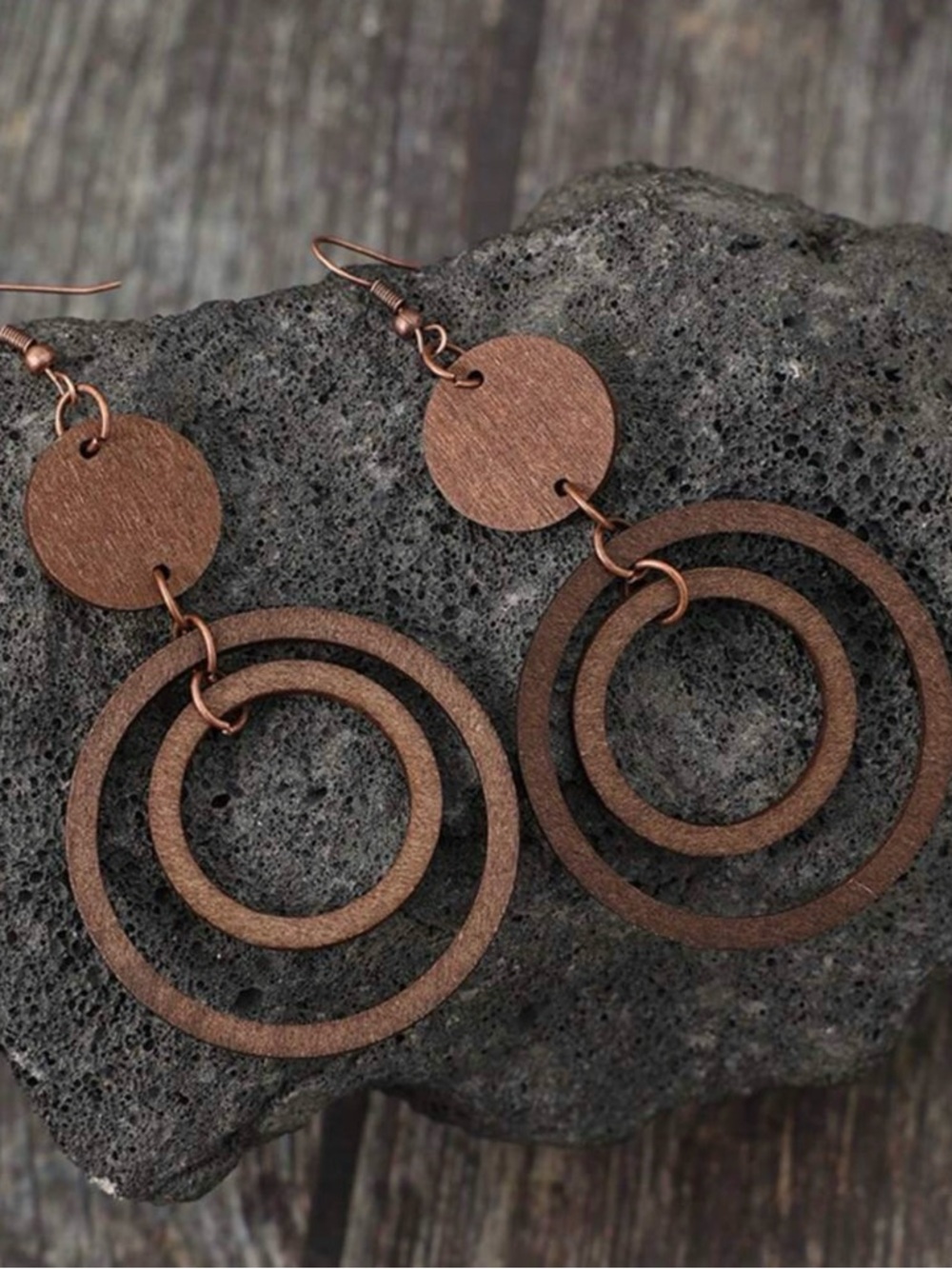 Brown Double Hoop Wood Drop Earrings - Picture 4 of 5